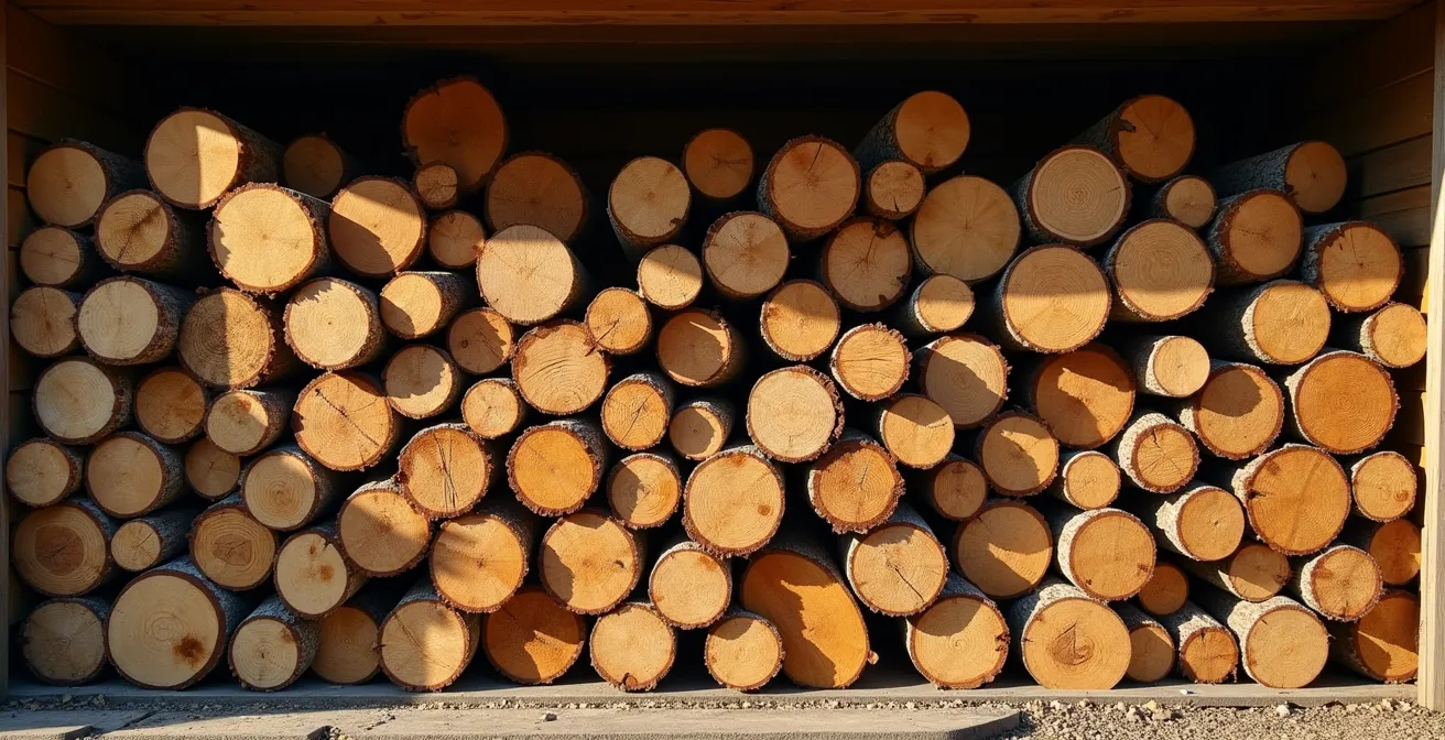 Bûches de bois certifié empilées dans un abri de stockage extérieur organisé