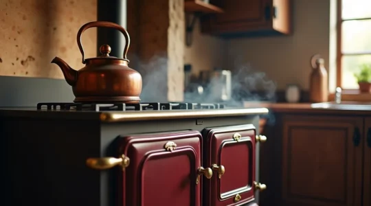 Cuisinière à bois moderne dans une cuisine chaleureuse diffusant chaleur et authenticité