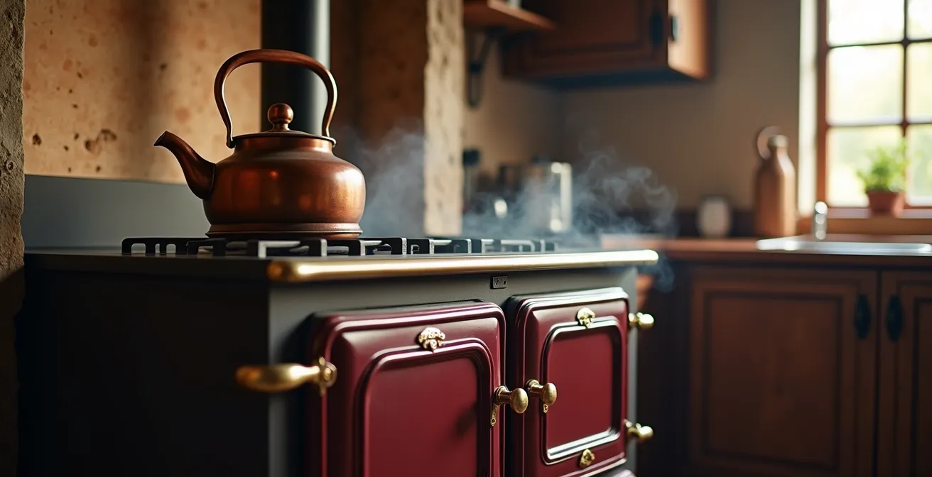 Cuisinière à bois moderne dans une cuisine chaleureuse diffusant chaleur et authenticité