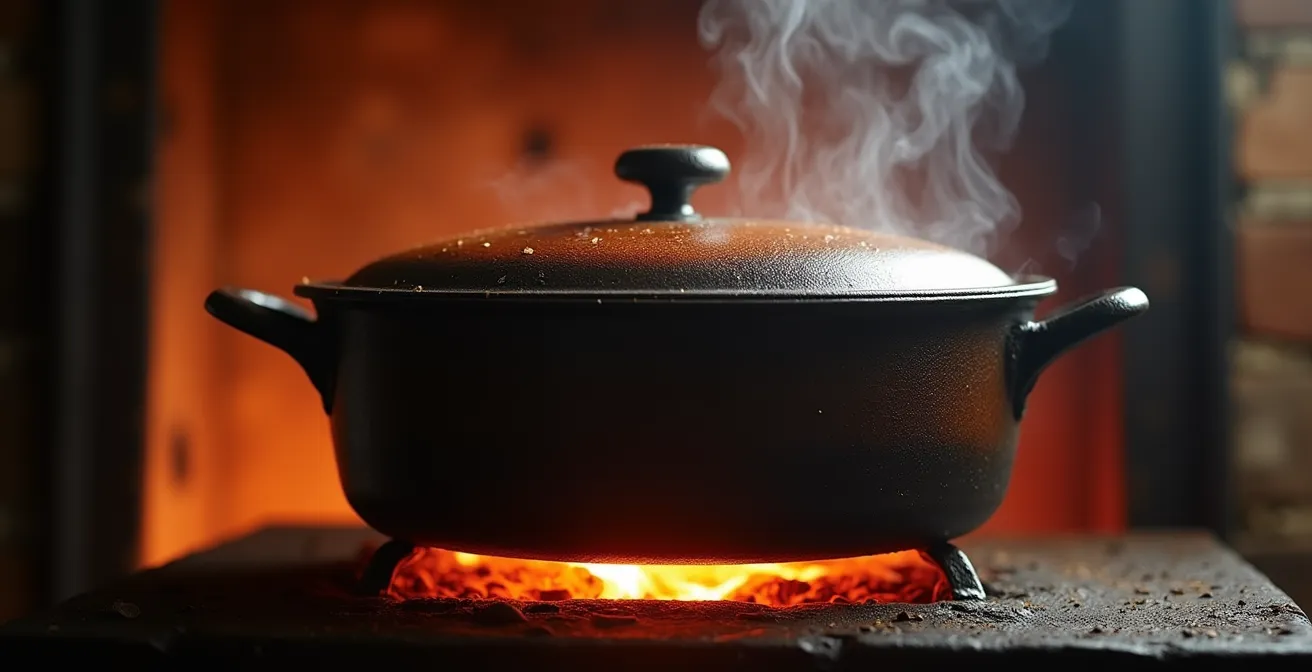Cocotte en fonte sur plaque de cuisson en fonte d'une cuisinière à bois en action