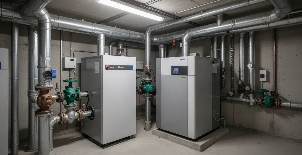 Local technique chaufferie collective avec chaudière gaz copropriété