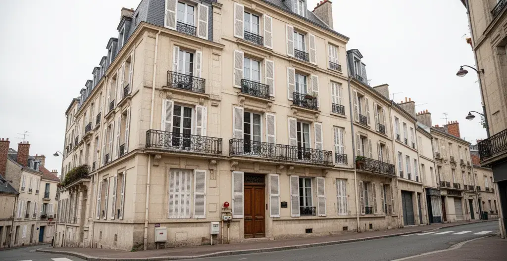 Façade d'immeuble résidentiel français avec chauffage collectif gaz