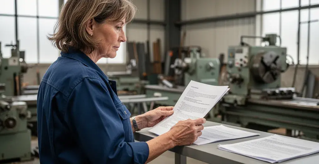 Gérante PME industrielle consultant des offres gaz dans son atelier de métallerie