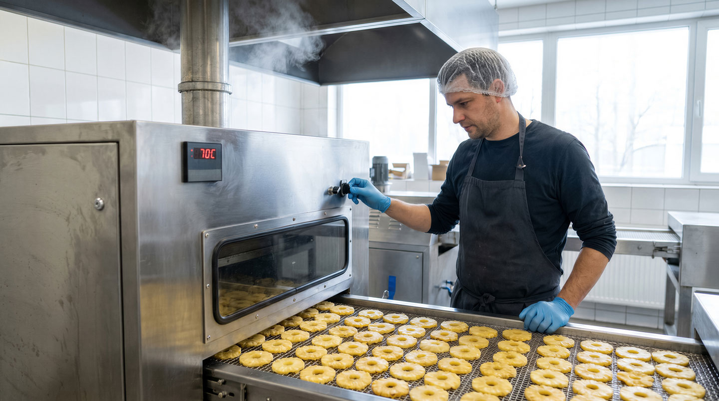 Équipement de cuisson industriel au propane dans une usine agroalimentaire, opérateur en tenue de sécurité