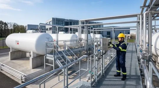 Site industriel avec citernes de propane et système de distribution, technicien effectuant une inspection de maintenance